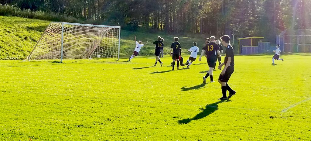 A BKW boys varisty soccer player celebrates scoring a goal against Canajoharie