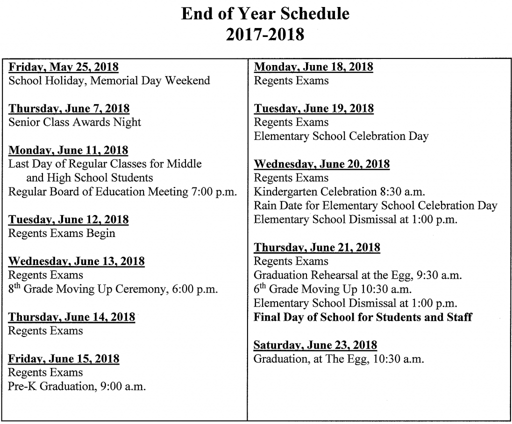 a schedule of events for the end of the 2017-18 school year