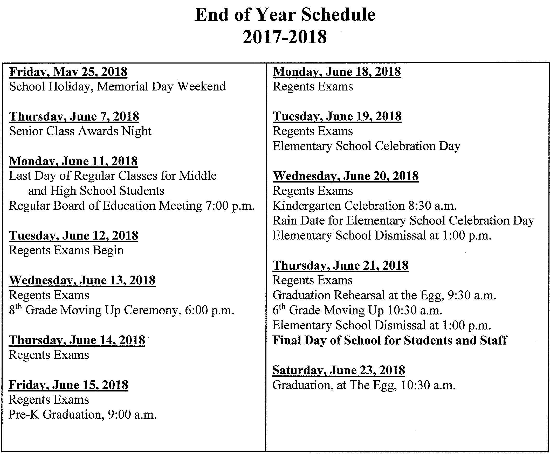 End of Year Calendar Change BerneKnoxWesterlo Central School District