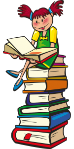 clip art of a girl reading a book while sitting on a stack of books