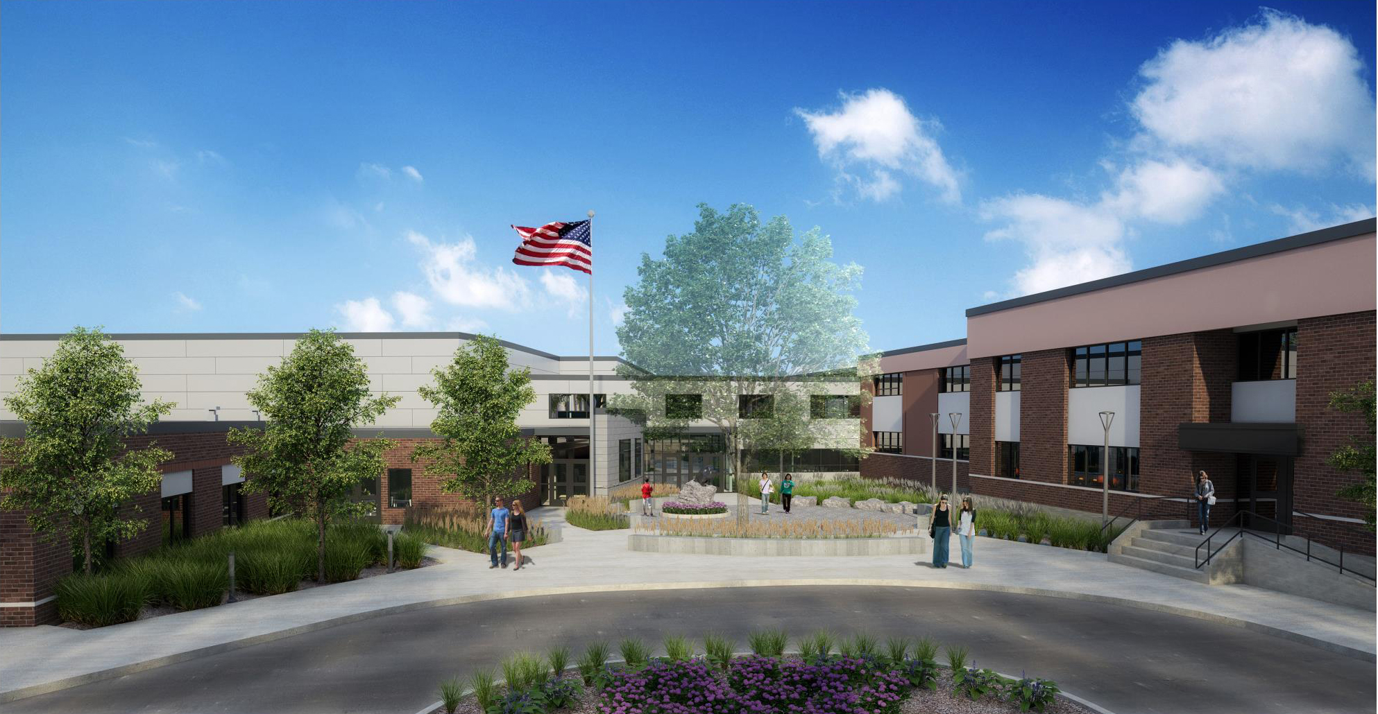 Architect rendering of secondary school entrance and courtyard