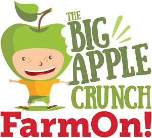 cartoons apple face with the lettering The Big Apple Crunch by Farm On