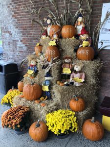 fall display with pumpkins outside the school