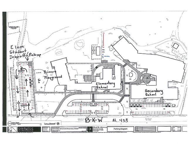 map with arrows showing drop-off and pick-up area next to playground