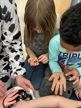 students holding earthworms