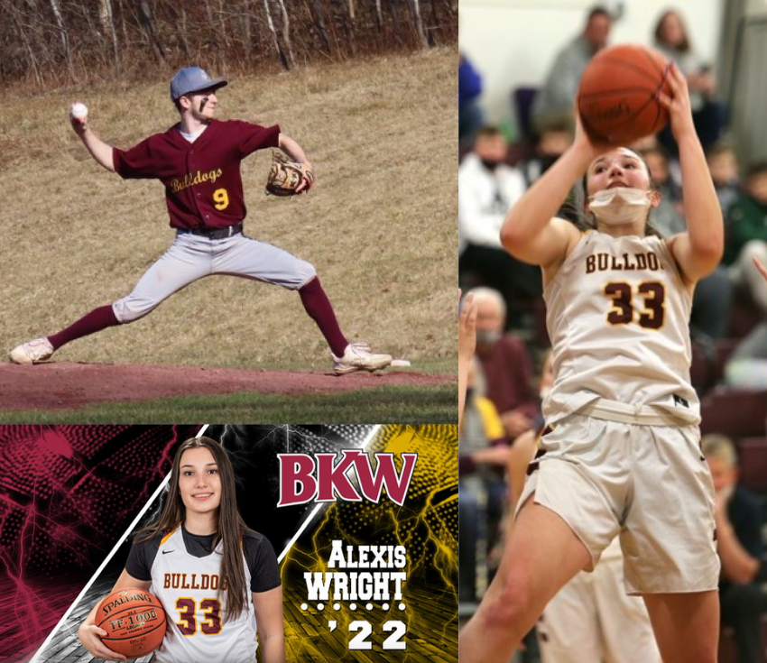 Jacob Detlefsen playing baseball and Alexis Wright playing basketball