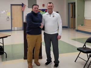 Berne-Knox-Westerlo CSD Board of Education President Mr. Tedeschi being congratulated by Dr. Mundell for his selection as the 2023 CASDA Excellence in School Board Service Award.