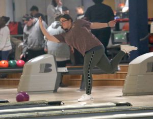 Varsity bowler taking aim at the pins during the 2022-23 season.