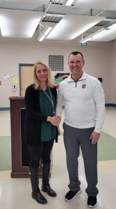 BKW Elementary Principal Mrs. Landry being congratulated for her selection as Principal of the Year by Superintendent Mundell on Monday, March 27.