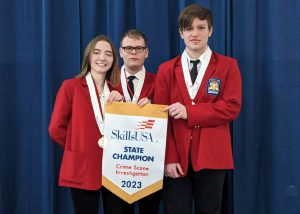 BKW senior Jeffrey Caron (center) played a key role as part of the state champion CSI team, which included fellow Criminal Justice students Rhiannon Islip from Sharon Springs and Mason Welch from Duanesburg.