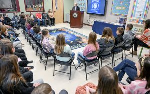 Congressman Paul D. Tonko speaks to BKW Elementary School fifth-grade classes as he donates books from the U.S. Library of Congress surplus book program on Tuesday, January 23, 2024. Erica Miller/ Capital Region BOCES Photographer.