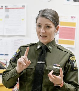 BKW graduate and Environmental Conservation Officer Melissa Burgess from the New York State EnCon Police speaks with BKW students earlier this year. Erica Miller/ Capital Region BOCES