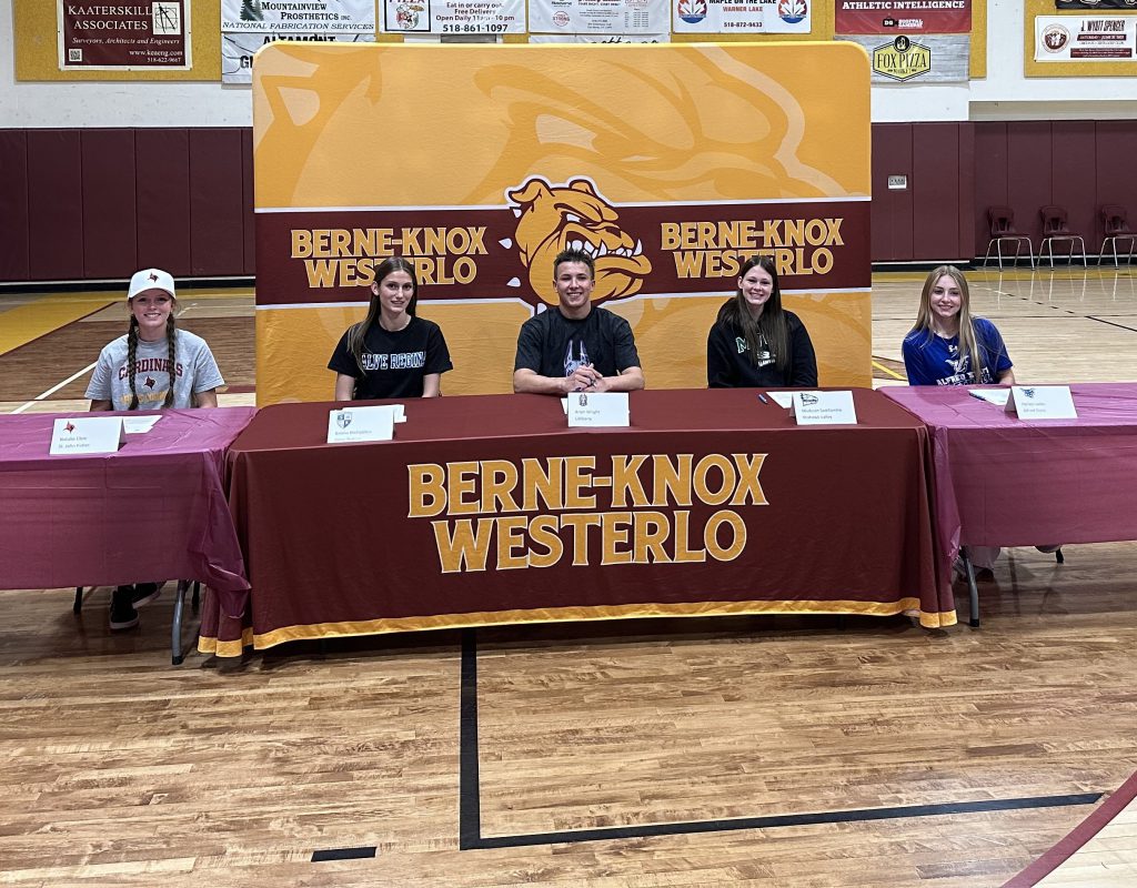BKW graduating student-athletes participate in college signing day. From left to right: Natalie Elble, Emma McFadden, Arlan Wright, Madysen Saddlemire, and Hailey Lacko.