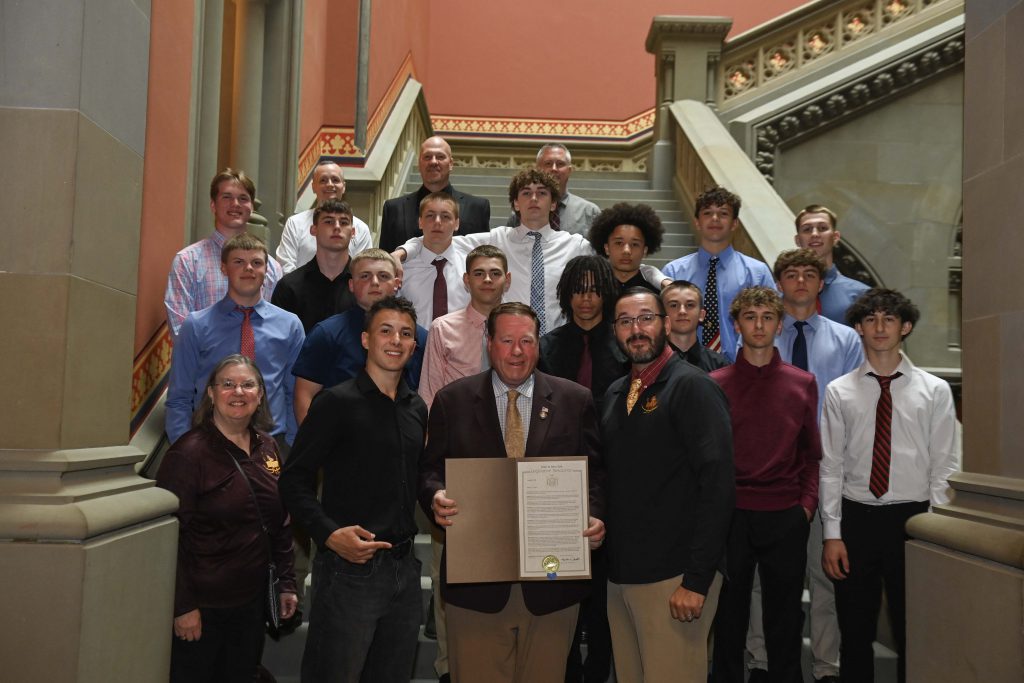 The Berne-Knox-Westerlo boys' Class C state championship basketball team was recently recognized by Assemblyman Chris Tague (R,C-Schoharie) for their achievements this season at the New York State Assembly.