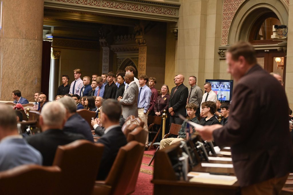 The Berne-Knox-Westerlo boys' Class C state championship basketball team was recently introduced to the New York State Assembly for their achievements this season.