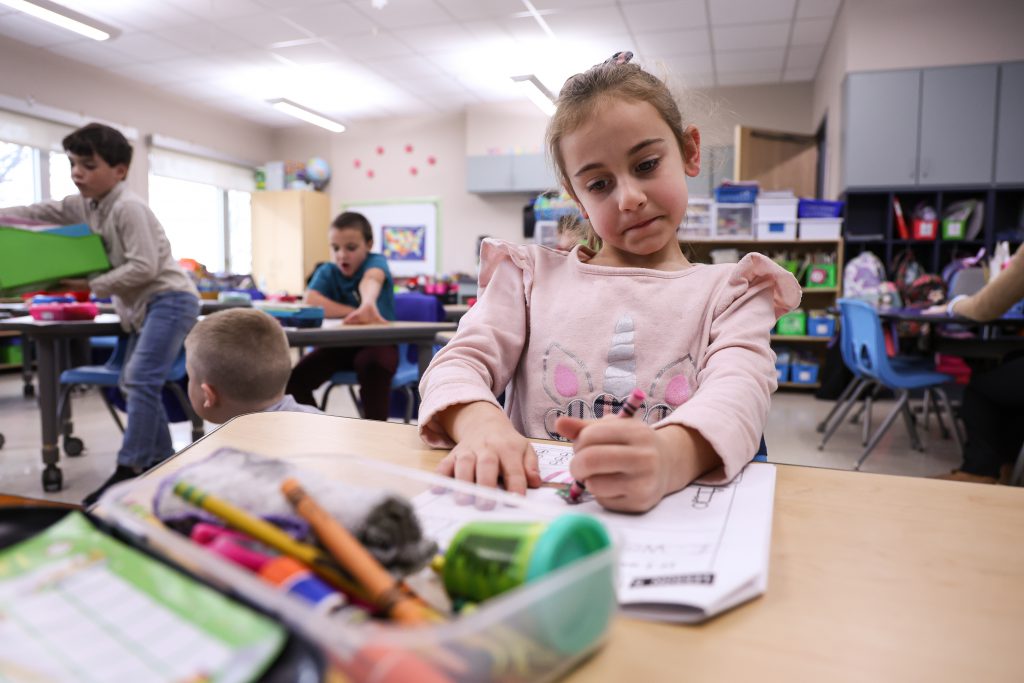 young student colouring in class