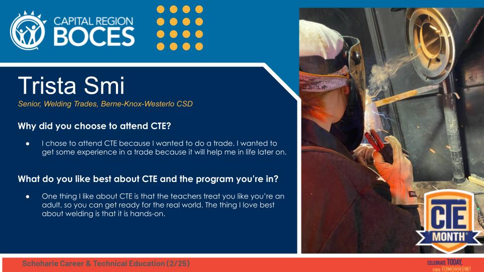 Information about Trista Smi's highlight of her academic success in the BOCES Career and Technical training program