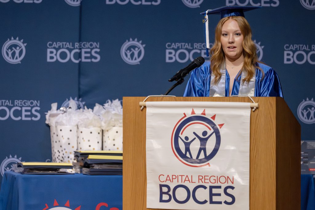 Trista Smi giving speech at CTE completion ceremony